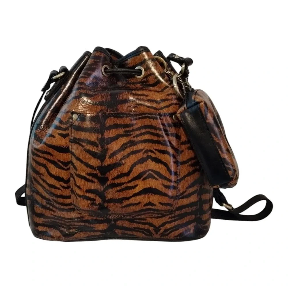 Patricia Nash Sabina Tiger Pattern Leather Drawstring‎ Bag Black Brown Western